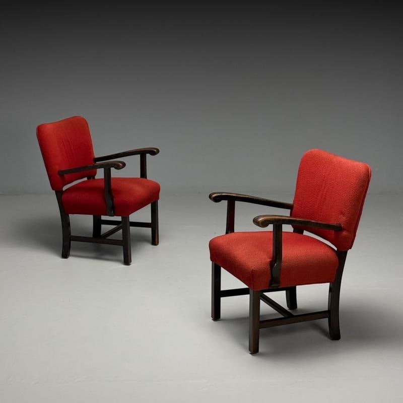 French Mid-Century Modern, Occasional Arm Chairs, Wood, Boucle, France, 1980s - 2