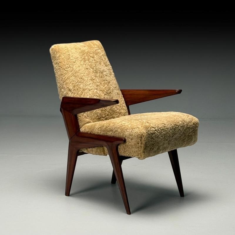 Vittorio Dassi Attr, Italian Mid-Century Modern Armchair, Honey Shearling, 1950s - 2