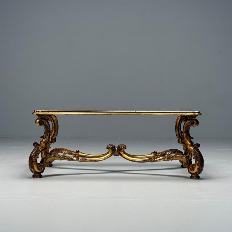 Hollywood Regency, Coffee Table, Gilt Wood, Gold Leaf, Glass, Italy, 1960s - 10