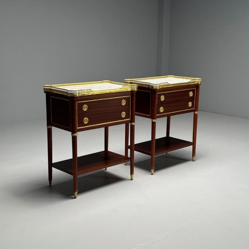Maison Jansen Style, Hollywood Regency, Mahogany, Marble, Brass, Nightstands - 4