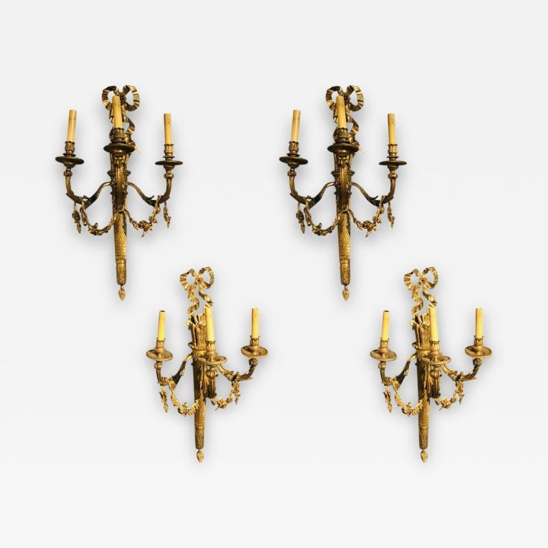 Set of Four Large Ornate Three-Light Torch and Ribbon Form Wall Sconces (1 of 12)