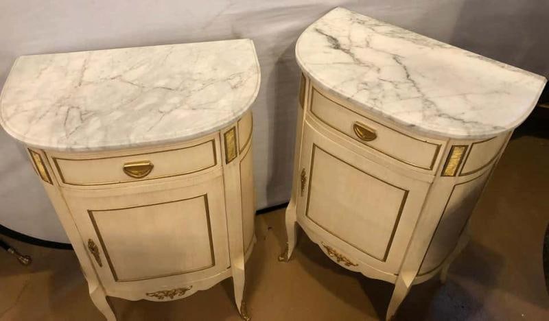 Louis XV Style Demilune Painted & Bronze Mounted End Tables or Nightstands, Pair - 2