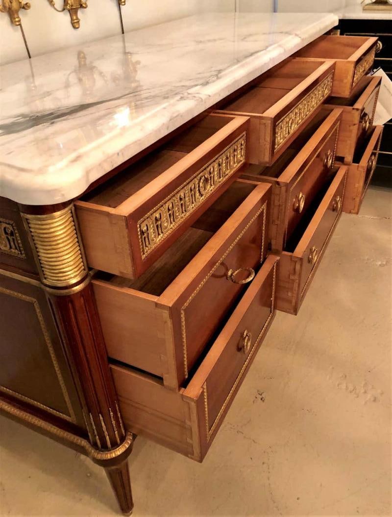 Pair of Monumental Louis XVI Style Marble Top Commodes Maison Jansen - 9