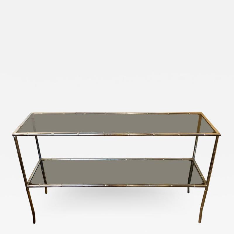 Faux Bamboo Chrome Two-Tier Console Table with Smoke Glass Tops Manner of Jansen (1 of 8)