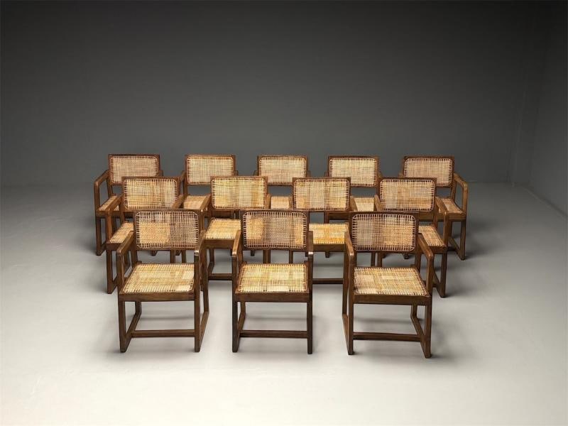 Pierre Jeanneret, French Mid-Century Modern, 12 Box Dining Chairs, Teak, Cane - 2