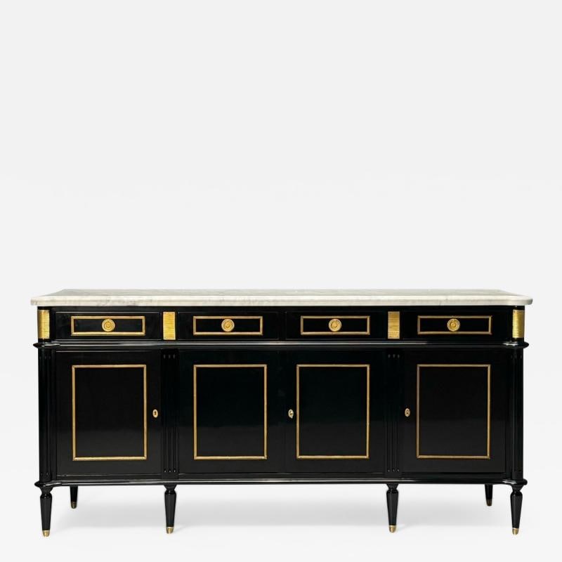 Louis XVI Style, Hollywood Regency, Sideboard, Black Lacquer, Marble, Bronze (1 of 11)