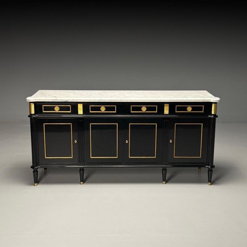 Louis XVI Style, Hollywood Regency, Sideboard, Black Lacquer, Marble, Bronze - 2