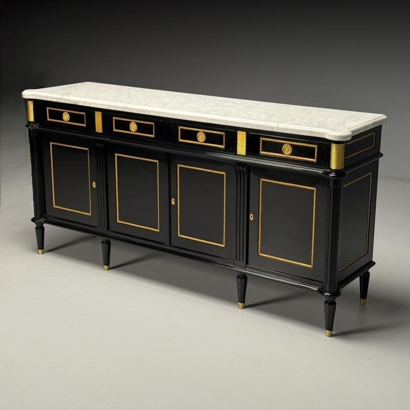Louis XVI Style, Hollywood Regency, Sideboard, Black Lacquer, Marble, Bronze - 3