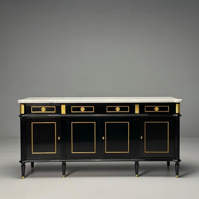 Louis XVI Style, Hollywood Regency, Sideboard, Black Lacquer, Marble, Bronze - 4