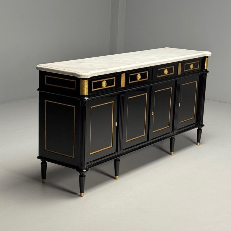Louis XVI Style, Hollywood Regency, Sideboard, Black Lacquer, Marble, Bronze - 5