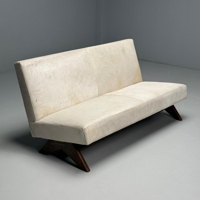 Pierre Jeanneret, French Mid-Century Modern, Fireside Sofa, Teak, White Cowhide - 4