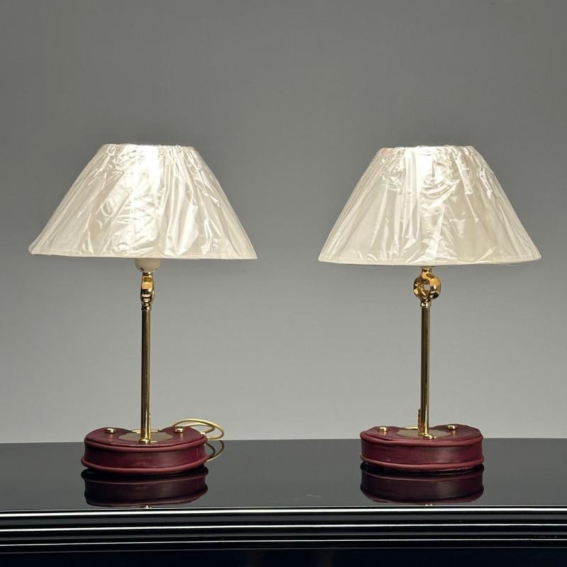 Cartier Style, Modern Key Table Lamps, Red Leather, Brass, Paper Shades - 2