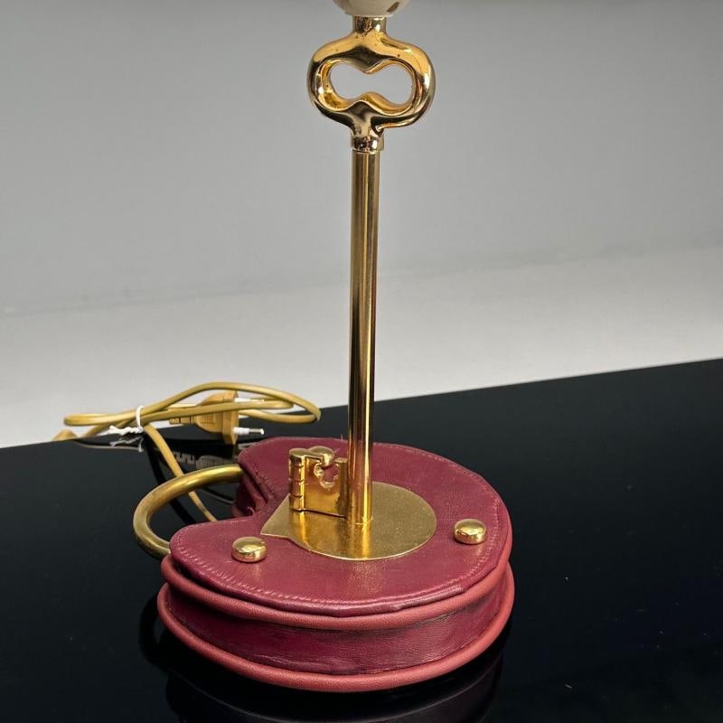 Cartier Style, Modern Key Table Lamps, Red Leather, Brass, Paper Shades - 7