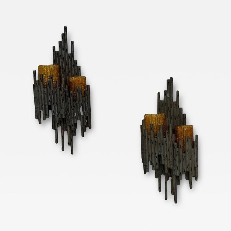 Marcello Fantoni, Brutalist Mid-Century Modern Wall Sconces, Wrought Iron, Glass (1 of 10)