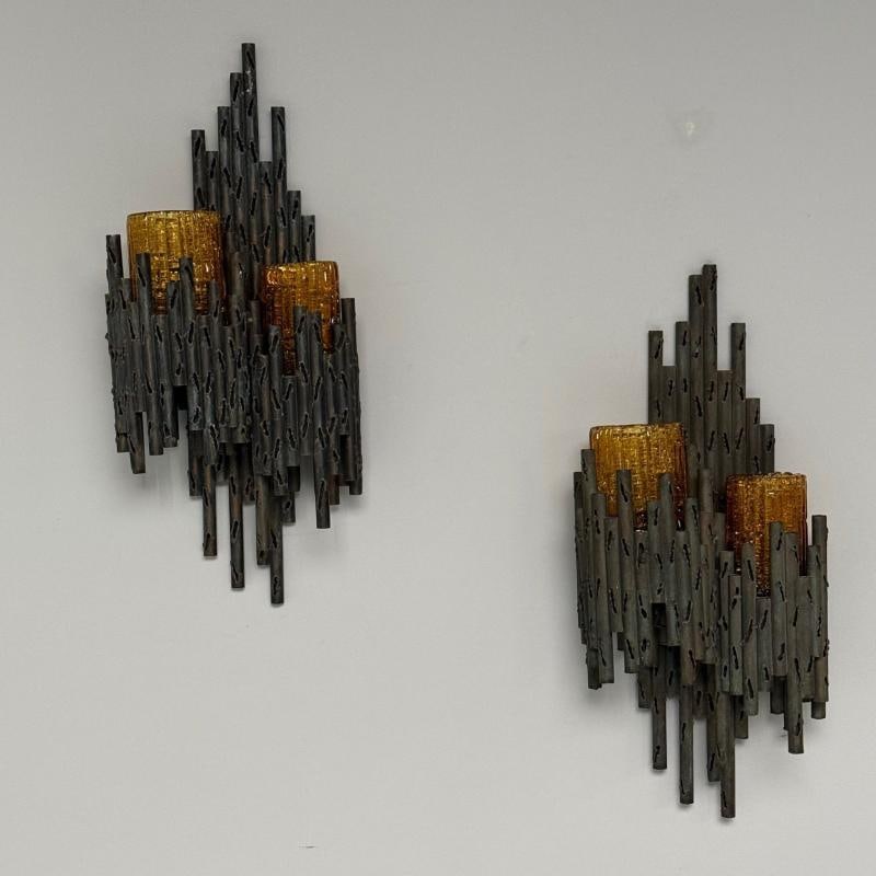 Marcello Fantoni, Brutalist Mid-Century Modern Wall Sconces, Wrought Iron, Glass - 2