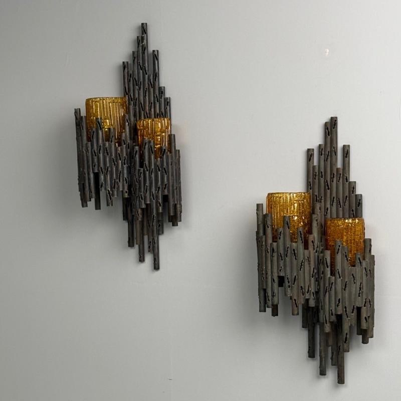Marcello Fantoni, Brutalist Mid-Century Modern Wall Sconces, Wrought Iron, Glass - 3