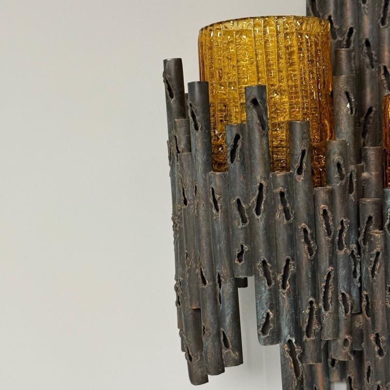 Marcello Fantoni, Brutalist Mid-Century Modern Wall Sconces, Wrought Iron, Glass - 7