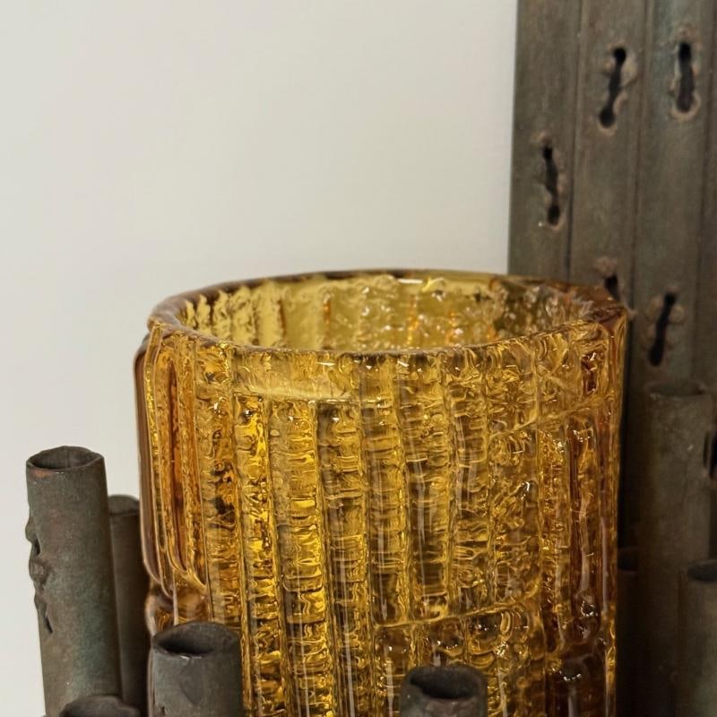 Marcello Fantoni, Brutalist Mid-Century Modern Wall Sconces, Wrought Iron, Glass - 8