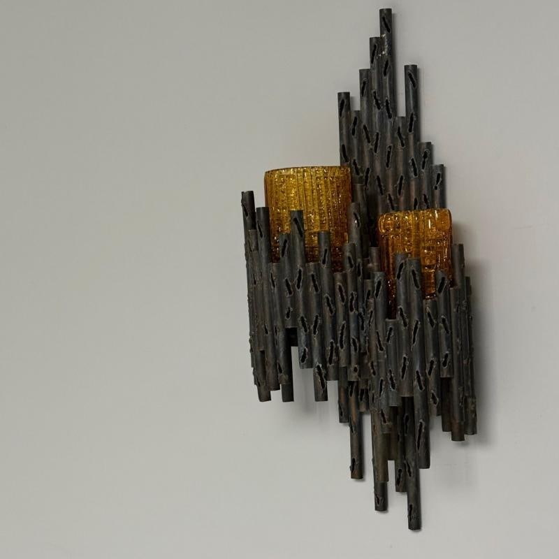 Marcello Fantoni, Brutalist Mid-Century Modern Wall Sconces, Wrought Iron, Glass - 9