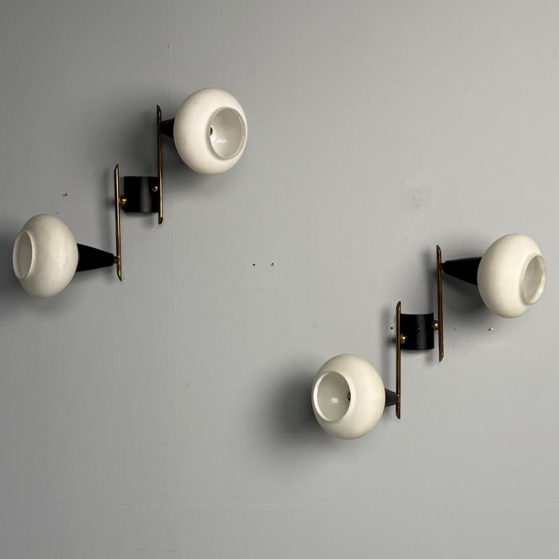 Italian Mid-Century Modern, Adjustable Wall Sconces, Brass, Opaline Glass, 1960s - 2
