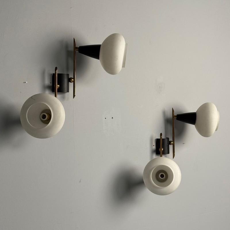 Italian Mid-Century Modern, Adjustable Wall Sconces, Brass, Opaline Glass, 1960s - 4