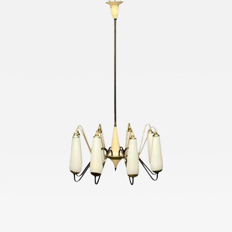 Italian Mid-Century Modern, Eight Light Chandelier, Brass, Metal, Opaline Glass: Title: Italian Mid-Century Modern, Eight Light Chandelier, Brass, Metal, Opaline Glass Description: Italian Mid-Century Modern, Eight Light Chandelier, Brass, Metal, Opaline Glass This stunning modern