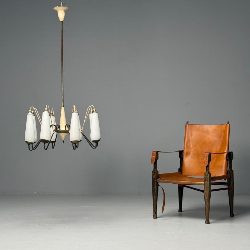 Italian Mid-Century Modern, Eight Light Chandelier, Brass, Metal, Opaline Glass - 2