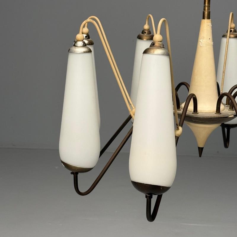 Italian Mid-Century Modern, Eight Light Chandelier, Brass, Metal, Opaline Glass - 7