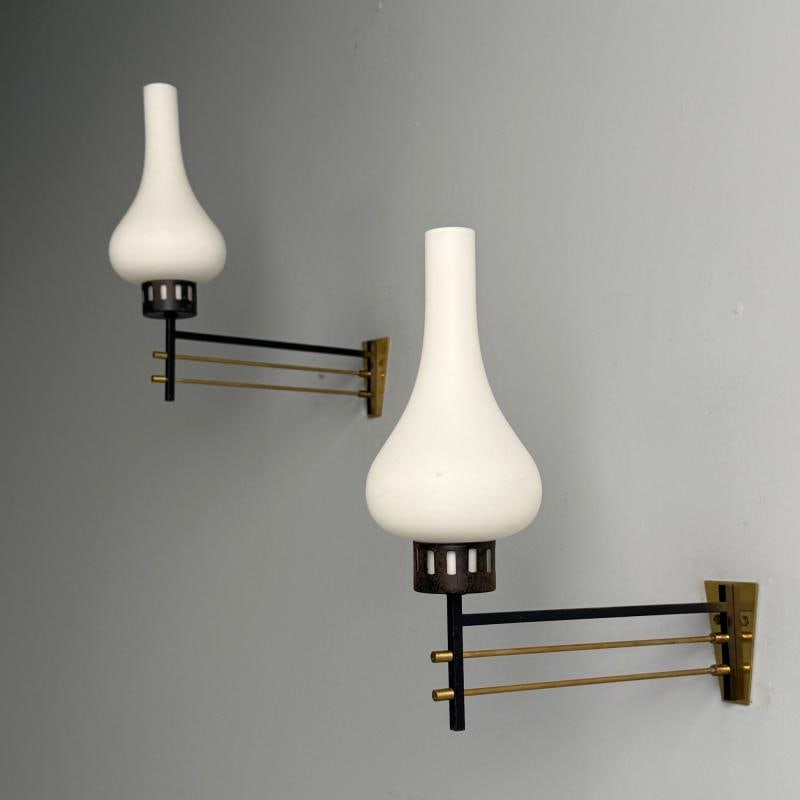 Italian Mid-Century Modern, Wall Sconces, Patinated Brass, Opaline Glass, 1950s - 2