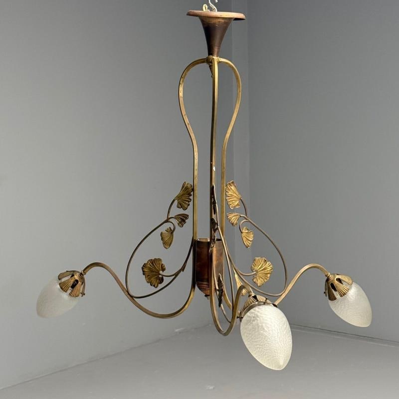 Italian Mid-Century Modern, Floral Chandelier, Brass, Copper, Italy, 1920s - 3