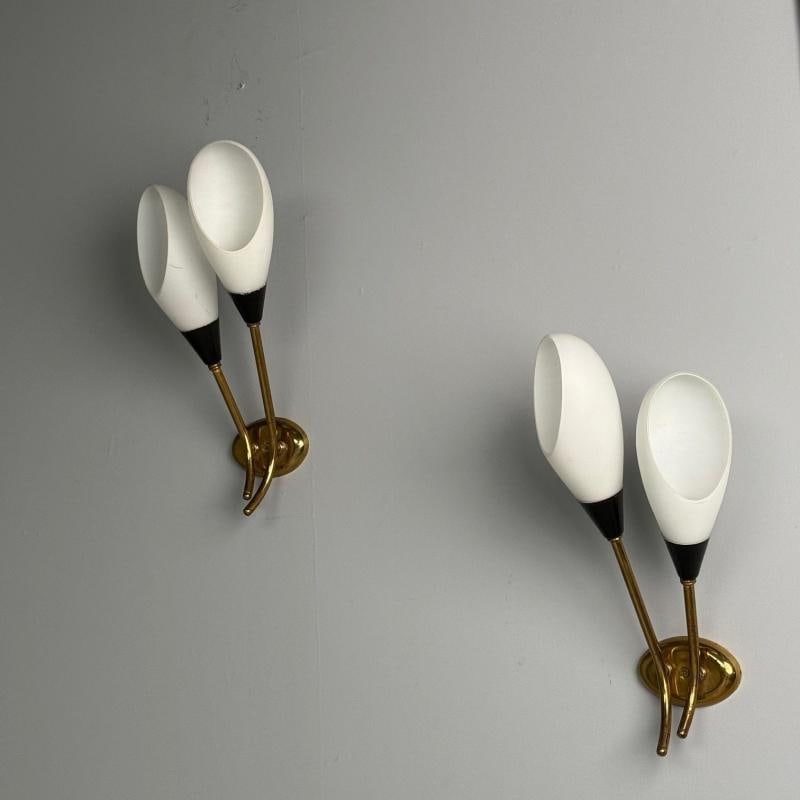 Italian Mid-Century Modern, Wall Sconces, Brass, Opaline Glass, Italy, 1950s - 2