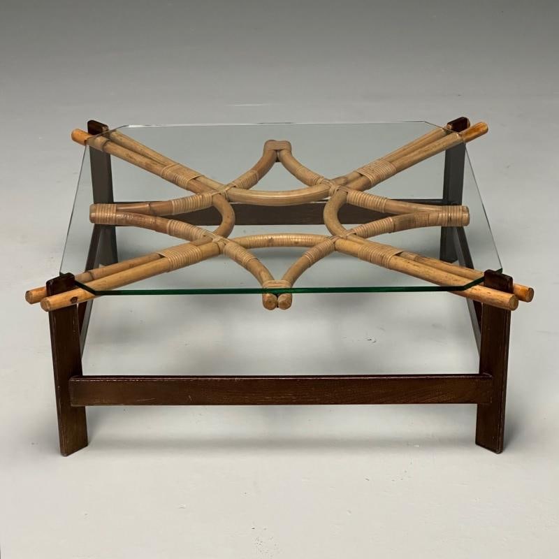 ISA, Italian Mid-Century Modern, Square Coffee Table, Wood, Bamboo, Cane, 1980s - 2