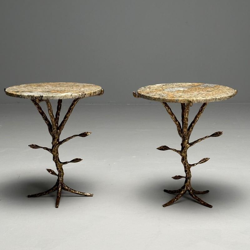 Giacometti Style, Modern Branch Side Tables, Hammered Bronze, Marble - 2