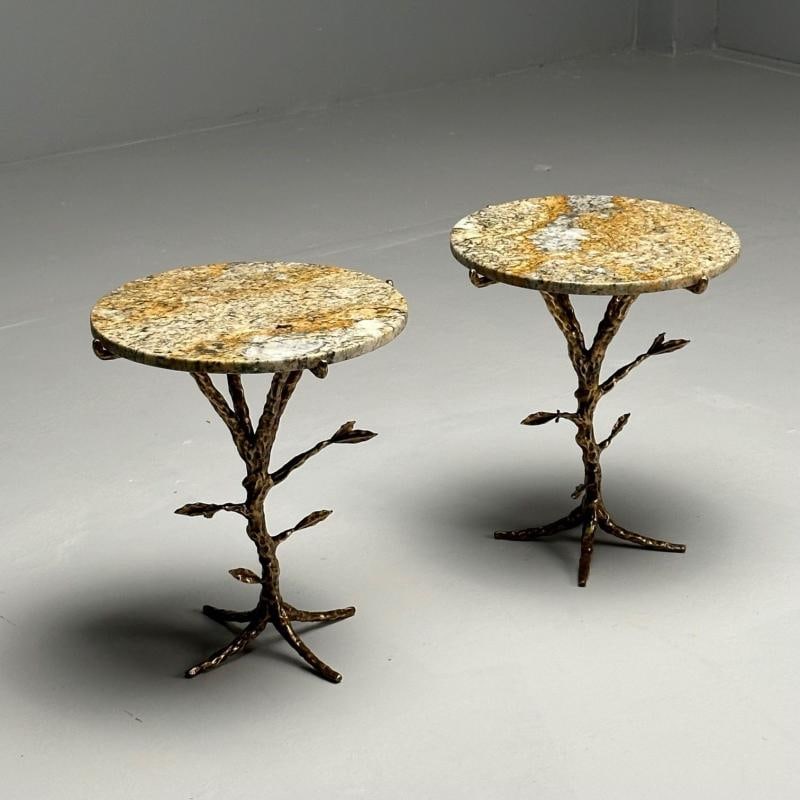 Giacometti Style, Modern Branch Side Tables, Hammered Bronze, Marble - 3
