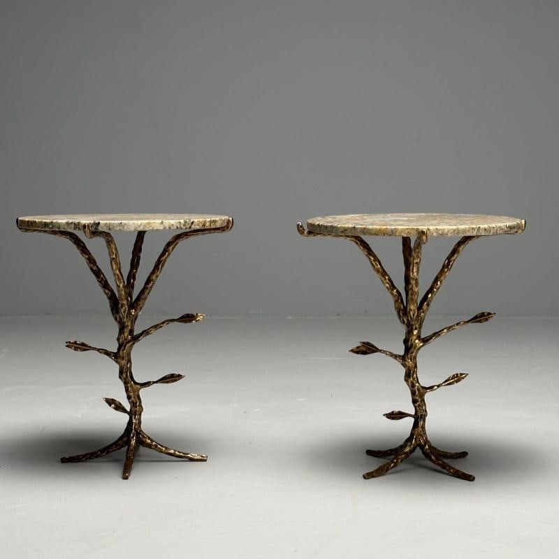 Giacometti Style, Modern Branch Side Tables, Hammered Bronze, Marble - 4