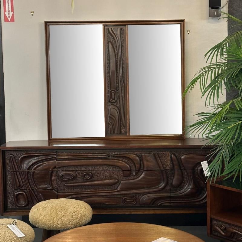 Pulaski, Brutalist Mid-Century Modern, 'Oceanic' Wall Mirror, Walnut, 1960s - 2