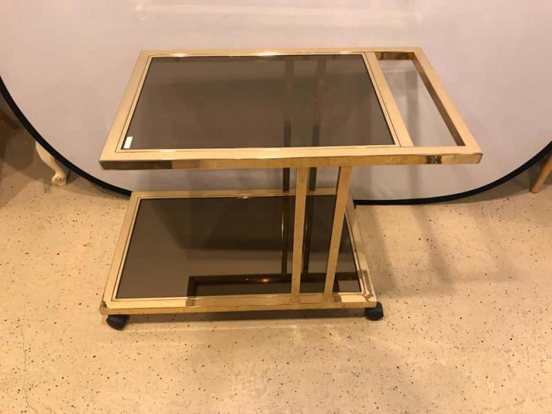 Italian Brass and Smoked Glass Bar / Serving Cart On Rolling Casters Two Tie - 3