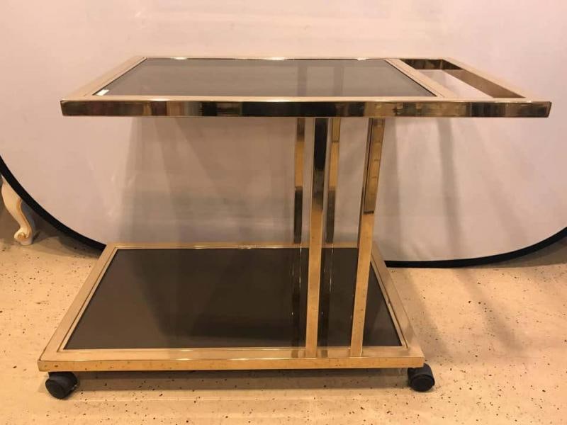 Italian Brass and Smoked Glass Bar / Serving Cart On Rolling Casters Two Tie - 4
