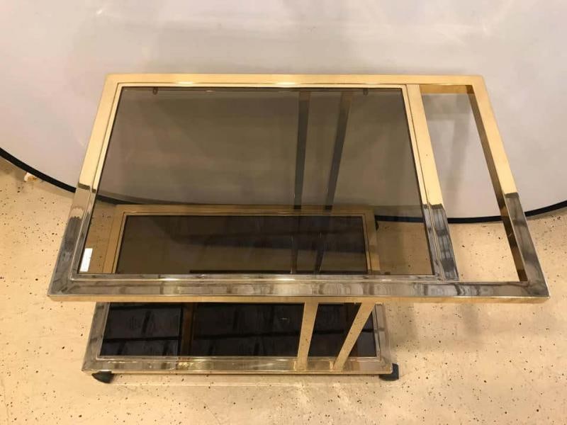 Italian Brass and Smoked Glass Bar / Serving Cart On Rolling Casters Two Tie - 7
