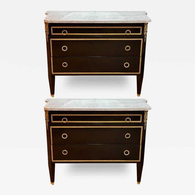 Louis XVI, Hollywood Regency, Commodes, Black Painted Wood, Bronze, Marble: Title: Louis XVI, Hollywood Regency, Commodes, Black Painted Wood, Bronze, Marble Description: Louis XVI, Hollywood Regency, Commodes, Black Painted Wood, Bronze, Marble Pair of traditional Louis