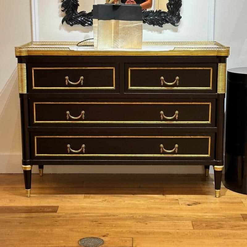 Louis XVI Style, Hollywood Regency, Commodes, Black Painted Wood, Bronze, Marble - 3