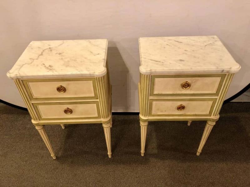 Pair of Louis XVI Style Paint Decorated Marble Top End Tables or Nightstands - 2