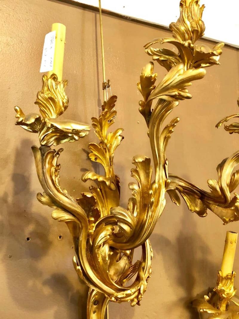 Pair of Louis XVI Style Bronze Three Light Gilt Bronze Sconces - 7