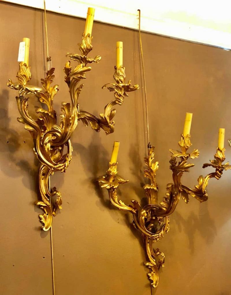 Pair of Louis XVI Style Bronze Three Light Gilt Bronze Sconces - 8