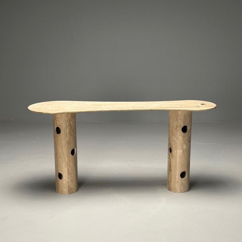 Contemporary, Organic Modern, Console Table, Double Pedestal, Beige Marble - 2