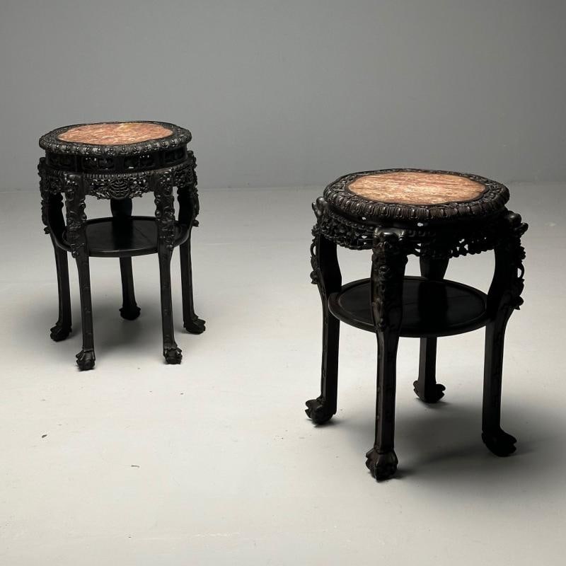 Chinese Heavily Carved, Occasional Tables or Pedestals, Teak, Marble, 1920s - 2