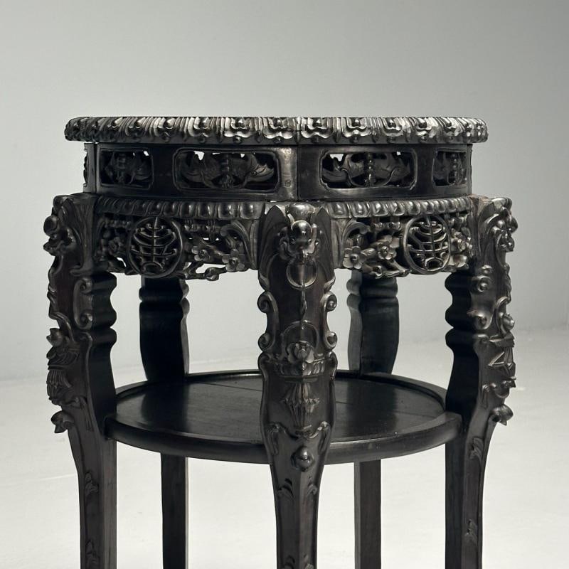 Chinese Heavily Carved, Occasional Tables or Pedestals, Teak, Marble, 1920s - 7