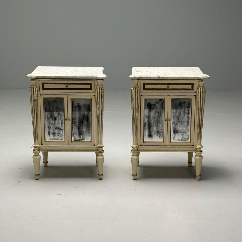 Maison Jansen, Hollywood Regency, Side Table Cabinets, Distressed Mirror, Marble - 2