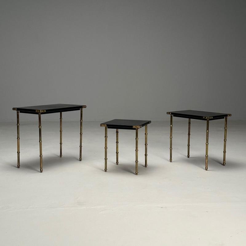 Jacques Adnet, French Mid-Century Modern, Nesting Tables, Leather, Brass, 1950s - 2