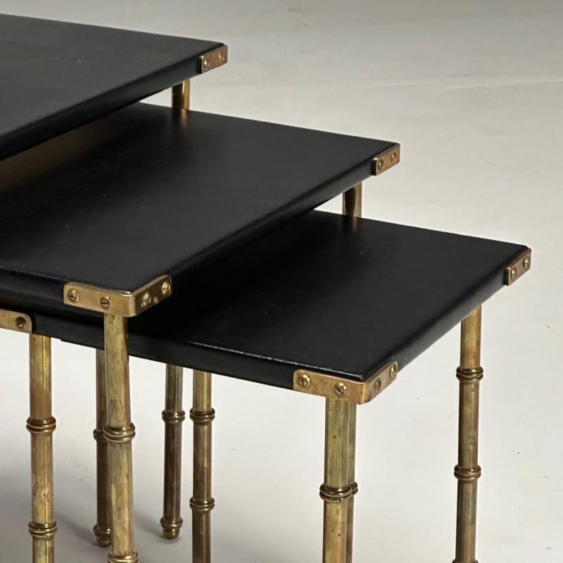 Jacques Adnet, French Mid-Century Modern, Nesting Tables, Leather, Brass, 1950s - 7
